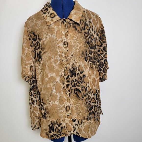 Componix Womens Leopard Print Sheer Peek-a-Boo Slit Back Short Sleeve Blouse 20W - Picture 1 of 11